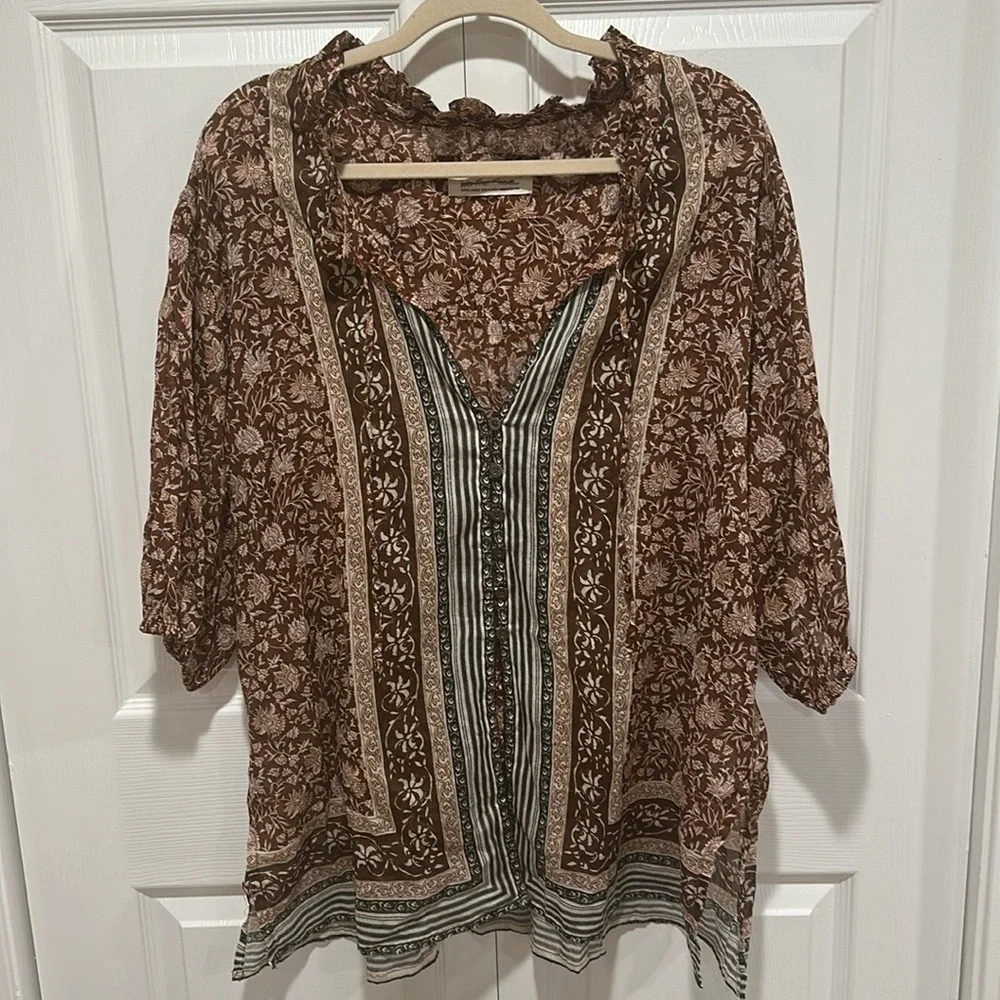 FREE PEOPLE We The Free Batik Border Bohemian Brown Floral Women's Top